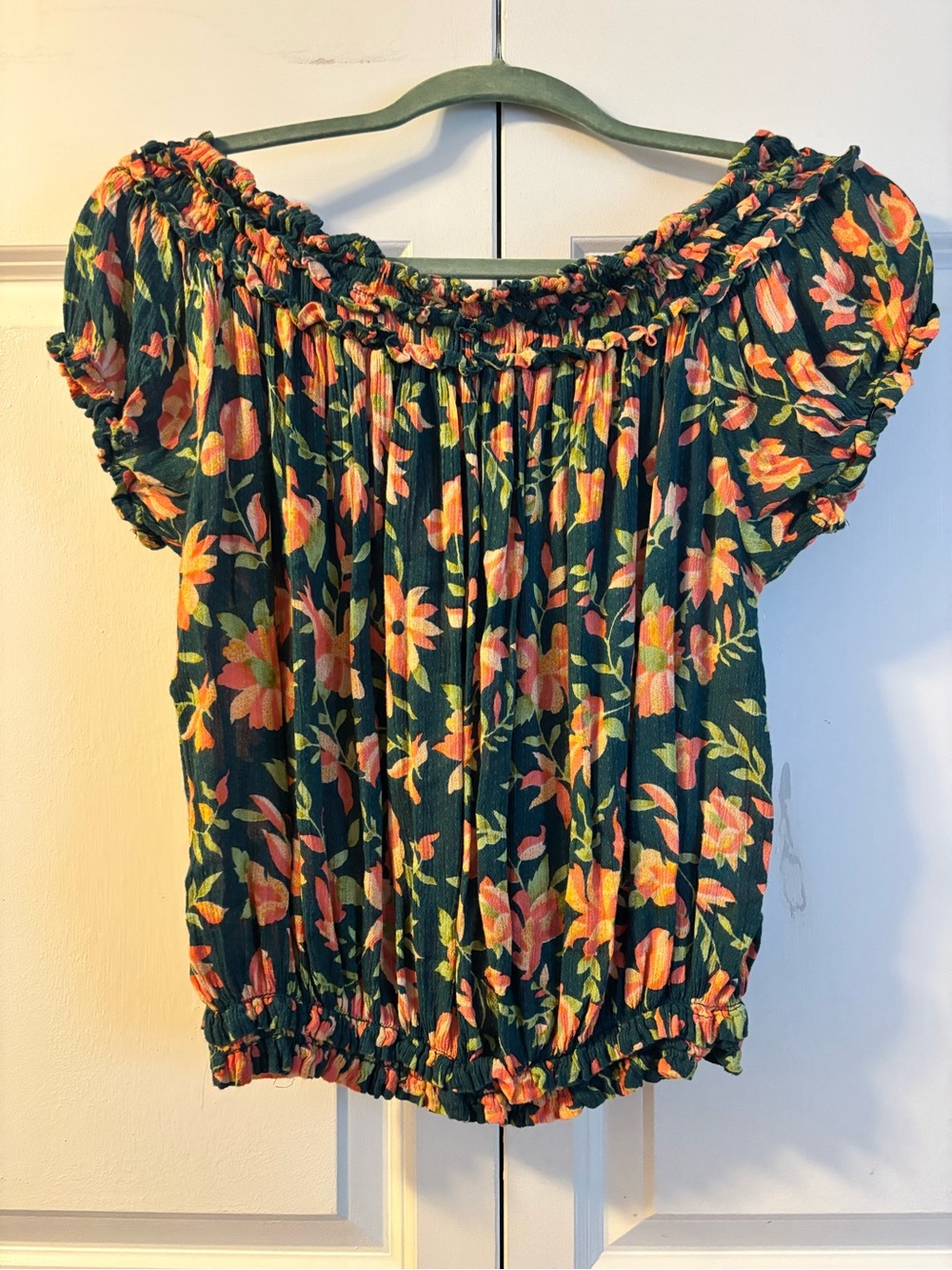 Free People Woven Cotton Floral off the shoulder smocked ruffle puff sleeve